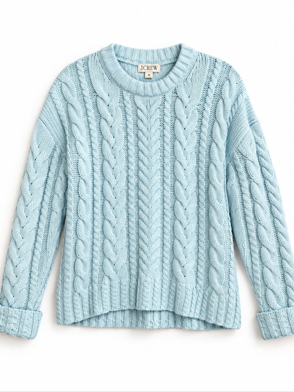 J.Crew Cable Knit Sweater Women M Blue 100% Cotton Crewneck